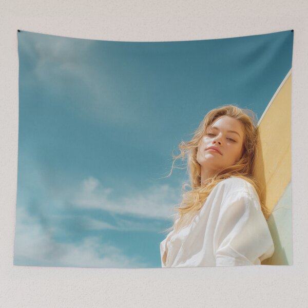Item preview, Woman standing by surfboard on beach designed and sold by anytka.