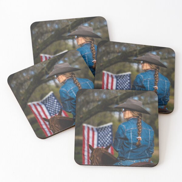 Item preview, Cowgirl on Horse with American Flag designed and sold by LoneStarStock.