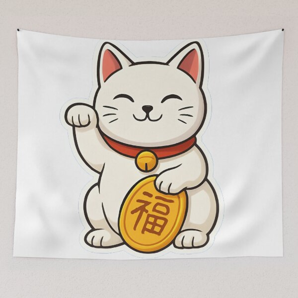 Item preview, White happy cat with a red collar designed and sold by Gold Phoenix Shop.