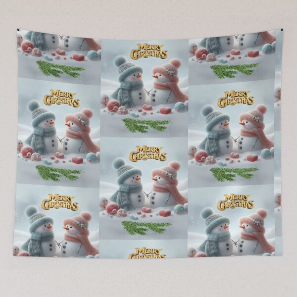 Item preview, Merry Christmas from snowmen wearing hats and scarves against the backdrop of the sky  designed and sold by JaroDesign2023.