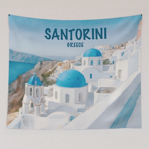 Item preview, Santorini, Greece, with iconic blue-domed churches and whitewashed buildings designed and sold by Sasas Design.