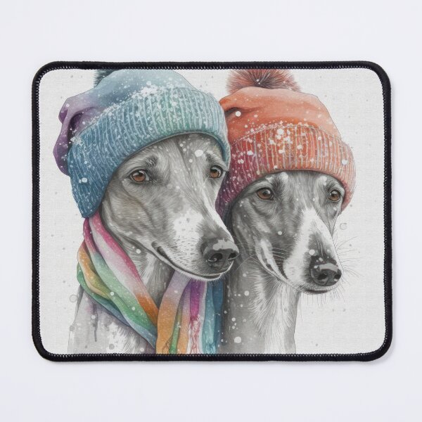 Item preview, Greyhound Dogs Friends in the Snow wearing their winter hats. designed and sold by newnomads-art.