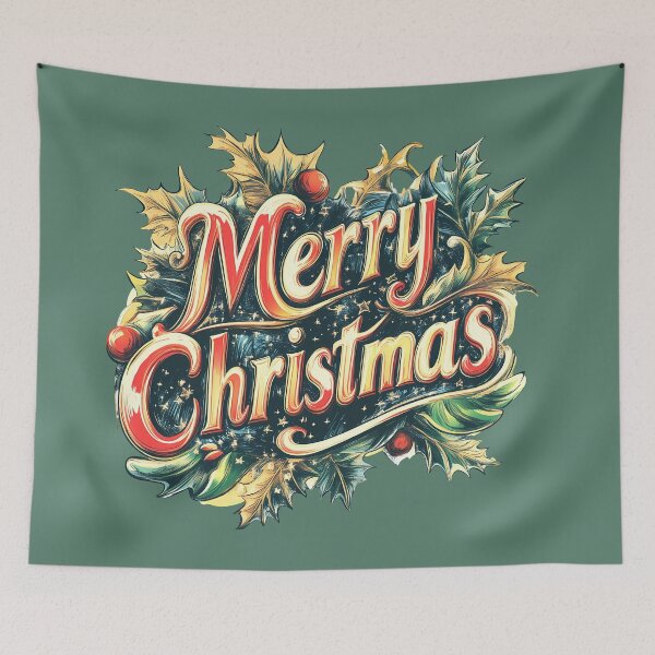 Item preview, Merry Christmas against a backdrop of a bouquet of shrubs, spruce, and leaves   designed and sold by JaroDesign2023.
