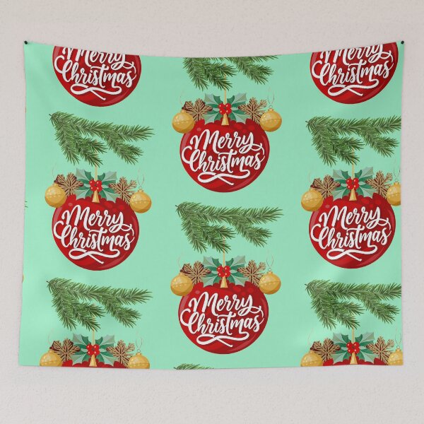 Item preview, Merry Christmas against a backdrop of a bouquet of shrubs, spruce, leaves, and decorative baubles   designed and sold by JaroDesign2023.