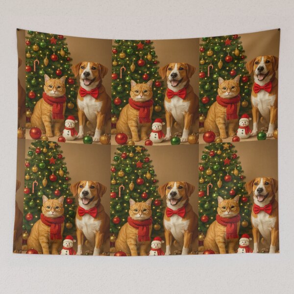 Item preview, Cat & Dog by the Christmas Tree -Bright Christmas sticker with a red cat and a stylish dog near the Christmas tree designed and sold by Felia001.