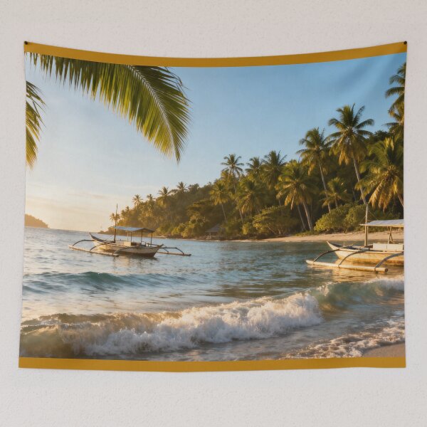 Item preview, Beach with palm trees and boats designed and sold by shirt-planet.