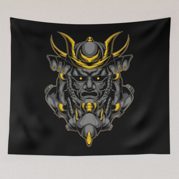 Item preview, Gold Samurai Kabuto Mask Art - Aztec Mayan Warrior Helmet With Demon Horns - Metal designed and sold by leen12 Art Designs Prints.