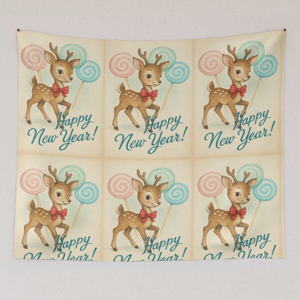 Item preview, Happy New Year - Vintage Reindeer with Lollipops printed by FELIA  designed and sold by Felia001.