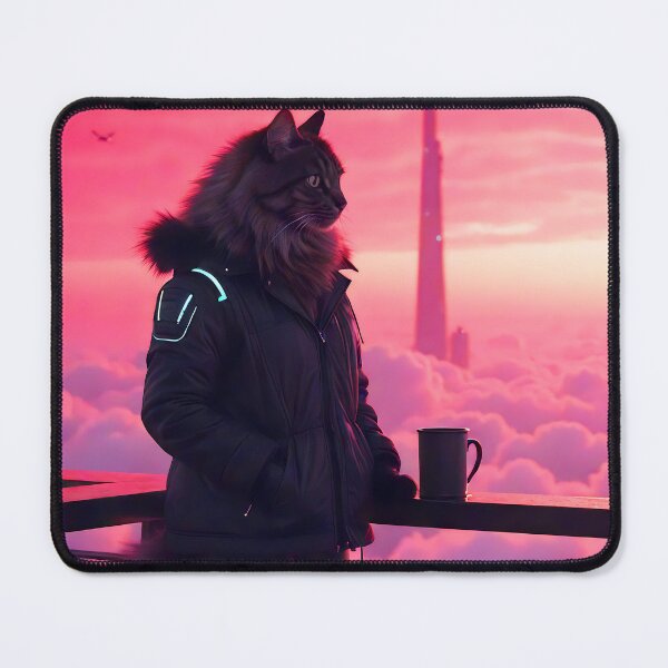 Item preview, Cyberpunk Cat Over the Neon Skyline designed and sold by BadBeaverDesign.
