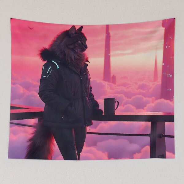 Item preview, Cyberpunk Cat Over the Neon Skyline designed and sold by BadBeaverDesign.