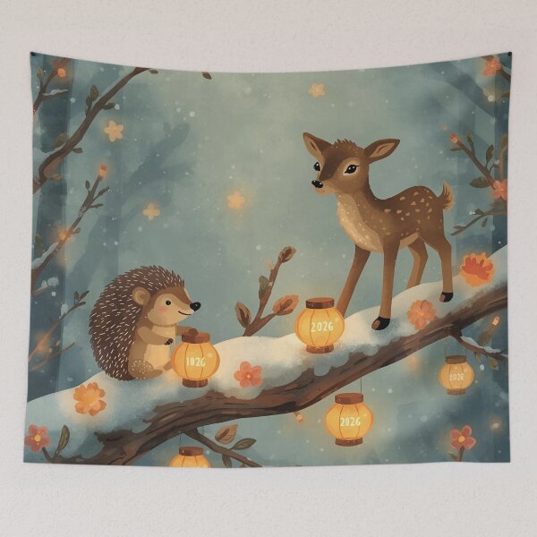 Item preview, New Year 2026 Woodland Deer & Hedgehog • Whimsical Wish Lantern Art designed and sold by WildlifeWhimsy.