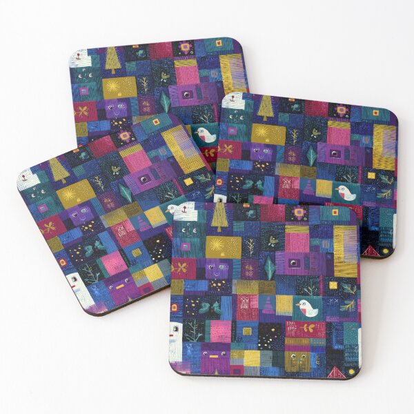 Item preview, Whimsical abstract holiday patchwork pattern with bird, trees and geometric blocks designed and sold by dawnleblanc55.