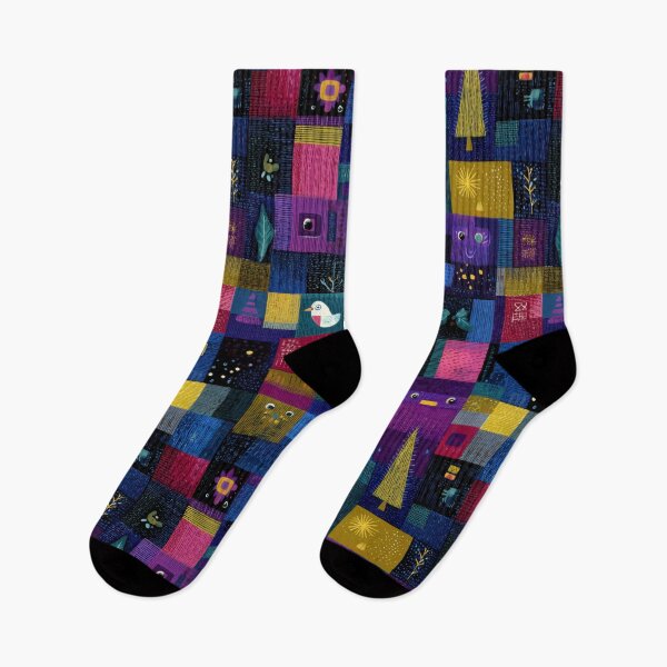 Item preview, Whimsical abstract holiday patchwork pattern with bird, trees and geometric blocks designed and sold by dawnleblanc55.