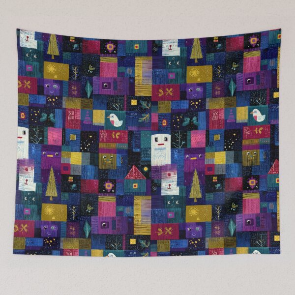 Item preview, Whimsical abstract holiday patchwork pattern with bird, trees and geometric blocks designed and sold by dawnleblanc55.