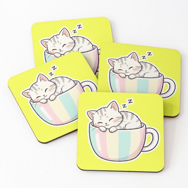 Item preview, Super Cute Sleeping Kawaii Cat Kitten in a Pastel Rainbow Striped Teacup Cozy Naptime Chibi Cat Sticker and Gift designed and sold by bvdesignart.