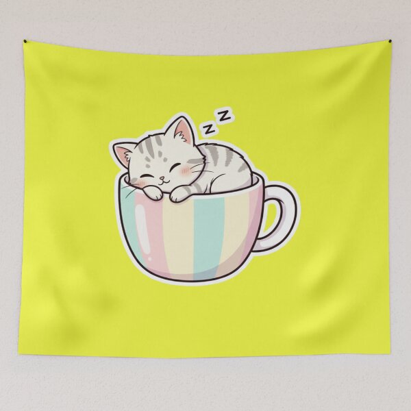 Item preview, Super Cute Sleeping Kawaii Cat Kitten in a Pastel Rainbow Striped Teacup Cozy Naptime Chibi Cat Sticker and Gift designed and sold by bvdesignart.