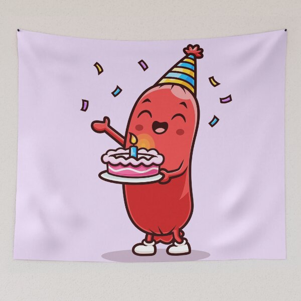 Item preview, Cute Sausage Holding Birthday Cake – Party Cartoon Vector Icon Illustration (Food & Holiday Theme) designed and sold by hjian8219.