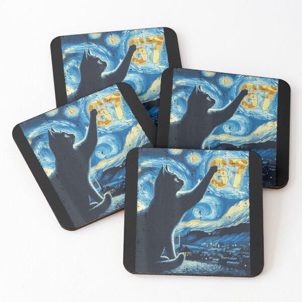 Item preview, Starry Night Black Cat Reaching for the Number 67 Artwork designed and sold by HuserPiri.