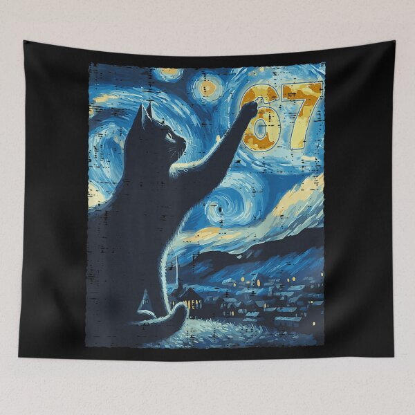 Item preview, Starry Night Black Cat Reaching for the Number 67 Artwork designed and sold by HuserPiri.