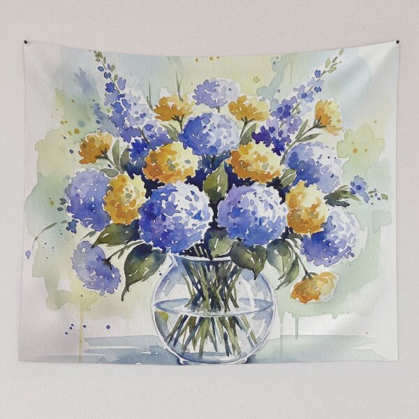 Item preview, Vibrant Watercolor Hydrangea and Delphinium Bouquet in Glass Vase designed and sold by ChrisButler.