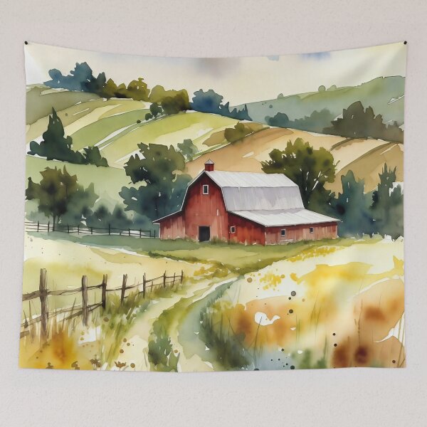 Item preview, Watercolor Red Barn in Rolling Hills Landscape designed and sold by ChrisButler.