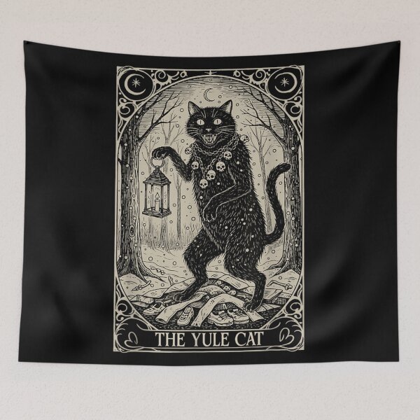 Item preview, The Yule Cat Holding Lantern in Snowy Forest Vintage Woodcut Style designed and sold by HarinDonreka.