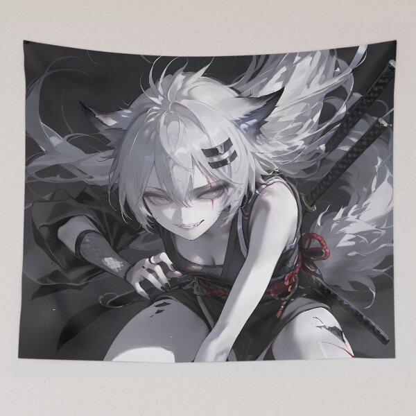 Item preview, Prelude Lappland Arknights Wolf Girl Kneeling In Dark Samurai Setting designed and sold by HumbertoValveno.