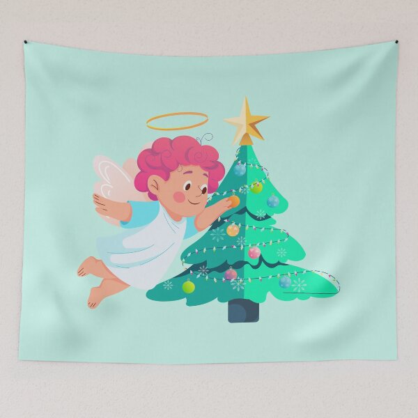 Item preview, Cute Angel Decorating a Colorful Christmas Tree designed and sold by Mariia Berezhna.