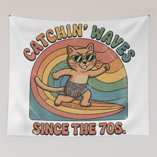 Item preview, Catchin’ Waves Retro Surf Cat – 70s Vintage Art designed and sold by SoulenCify.