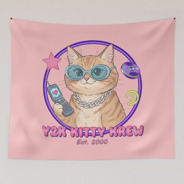 Item preview, Y2K Kitty Krew - Retro Flip Phone Cat Meme Sticker & T-Shirt designed and sold by cozy corner co. .