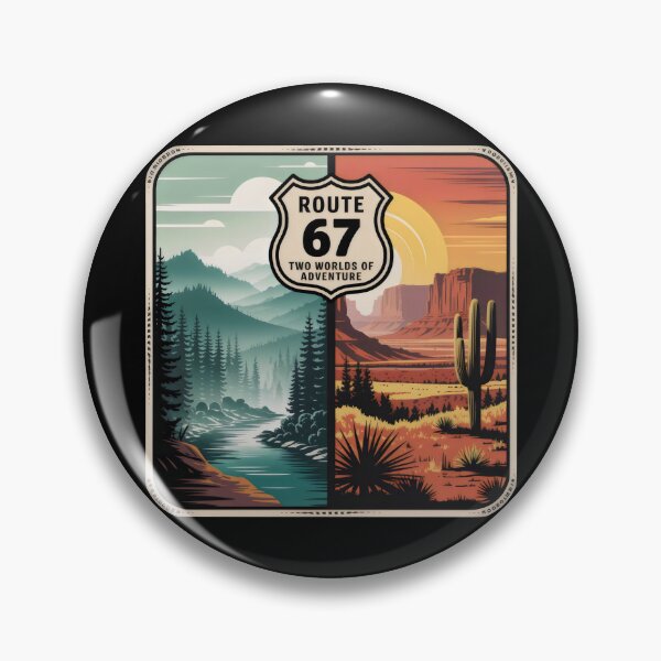Item preview, Route 67 Two Worlds of Adventure Split Landscape Badge Design designed and sold by SplashTastic.