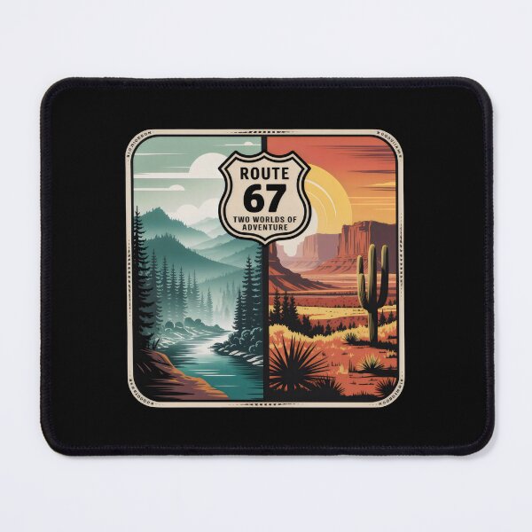 Item preview, Route 67 Two Worlds of Adventure Split Landscape Badge Design designed and sold by SplashTastic.
