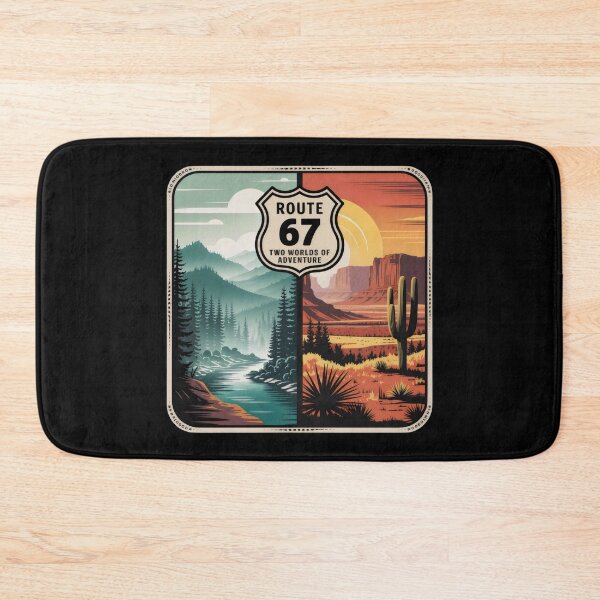 Item preview, Route 67 Two Worlds of Adventure Split Landscape Badge Design designed and sold by SplashTastic.