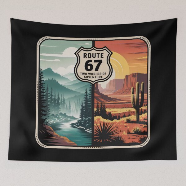 Item preview, Route 67 Two Worlds of Adventure Split Landscape Badge Design designed and sold by SplashTastic.