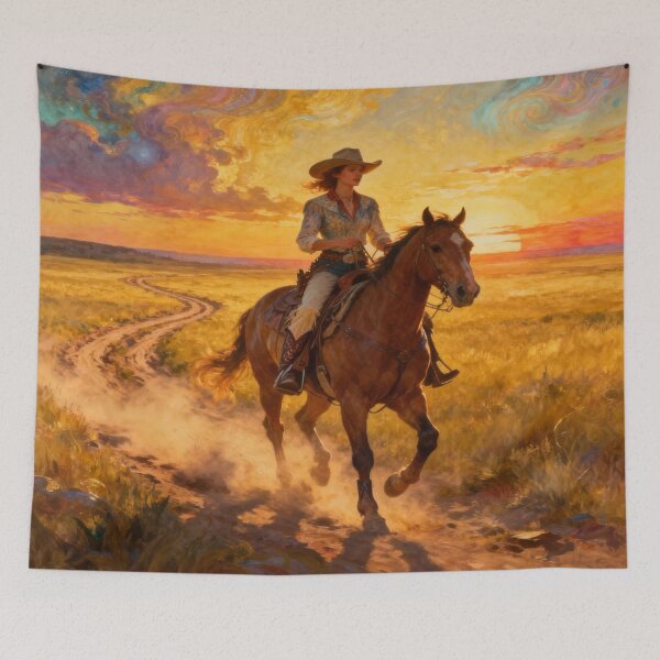 Item preview, Cowgirl Sunset Ride – Western spirit meets surreal prairie vibes full of color and freedom designed and sold by FotoworldEdel.