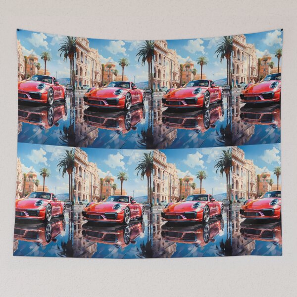 Item preview, Red sports car gleaming in Mediterranean square designed and sold by RevUpDesign.