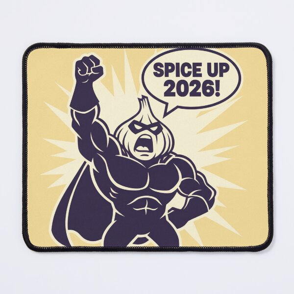 Item preview, Garlic superhero shouting ‘Spice Up 2026!’ designed and sold by COYOTE.