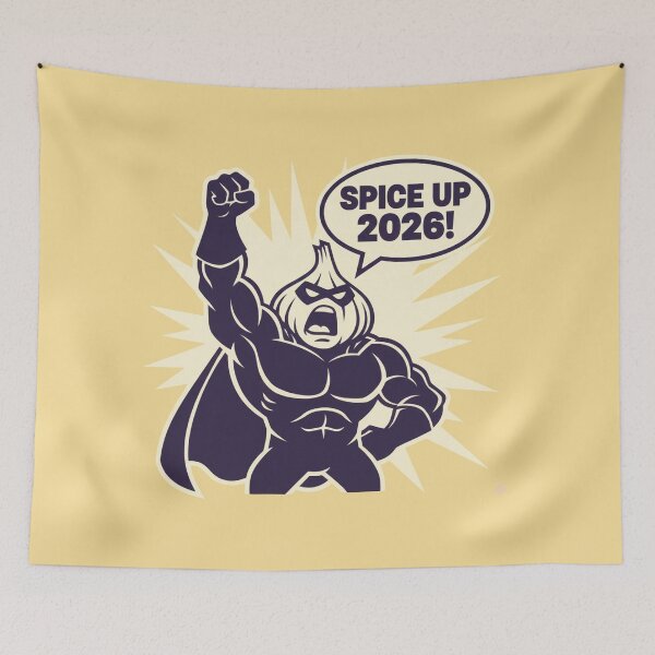 Item preview, Garlic superhero shouting ‘Spice Up 2026!’ designed and sold by COYOTE.