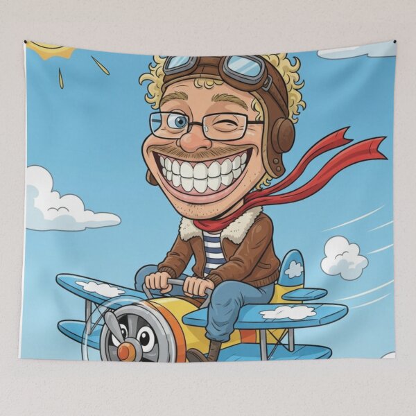 Item preview, Stunt Pilot Caricature – Big Smile Flying Biplane designed and sold by JanRizz.