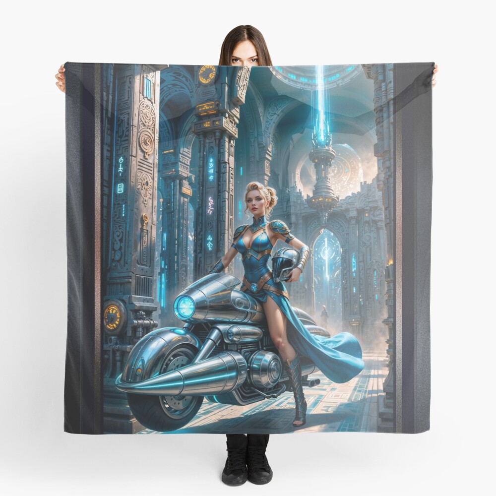 Metrelda Avinox, Cadet Of Morvath Keep On Her Hovercycle Stunning AI Concept Art by Xzendor7 Decorative Art Print Scarf