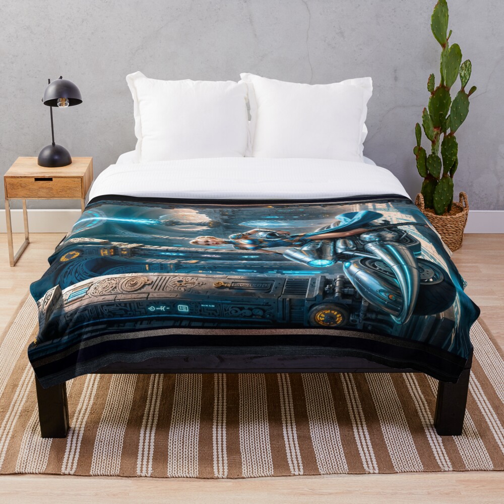 Metrelda Avinox, Cadet Of Morvath Keep On Her Hovercycle Stunning AI Concept Art by Xzendor7 Decorative Art Print Throw Blanket