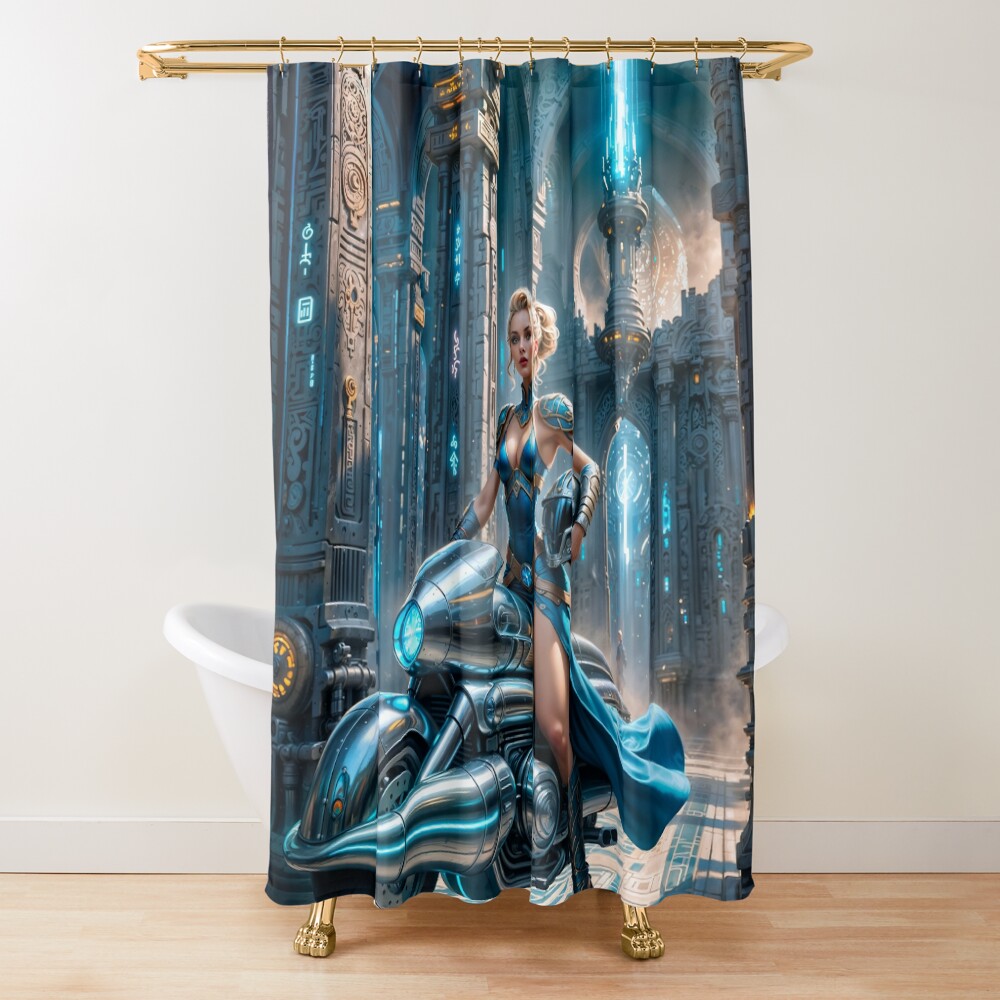 Metrelda Avinox, Cadet Of Morvath Keep On Her Hovercycle Stunning AI Concept Art by Xzendor7 Decorative Art Print Shower Curtain