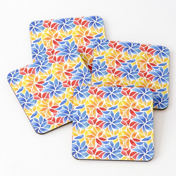 Item preview, The image is a colorful design featuring flower-like shapes made up of segments in blue, yellow, orange, and red, all separated by white lines, creating a vibrant and playful effect. designed and sold by rujlaphusstudio.