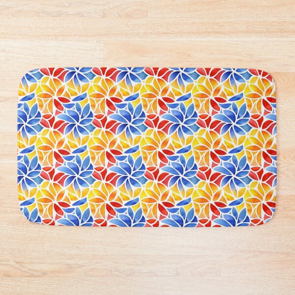 Item preview, The image is a colorful design featuring flower-like shapes made up of segments in blue, yellow, orange, and red, all separated by white lines, creating a vibrant and playful effect. designed and sold by rujlaphusstudio.