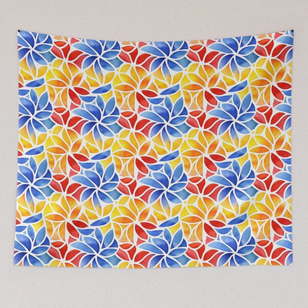 Item preview, The image is a colorful design featuring flower-like shapes made up of segments in blue, yellow, orange, and red, all separated by white lines, creating a vibrant and playful effect. designed and sold by rujlaphusstudio.