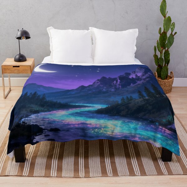 Item preview, Magical Night Sky Over Neon Luminescent River Under Moonlit Mountains Illustration designed and sold by GetGoodFit.