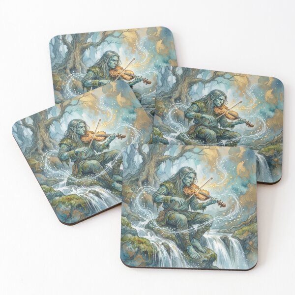 Item preview, Fossegrim on his Fiddle creature of folklore watercolor artwork illustration designed and sold by Vintage Designs +.