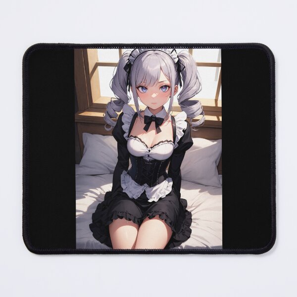 Item preview, Sweet Anime Maid Girl Sitting on Bed | Silver Hair Twintails Waifu designed and sold by iloveanimechibi.