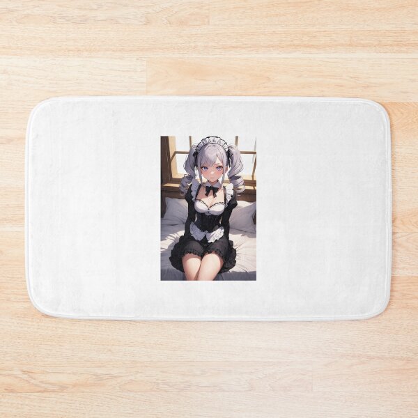 Item preview, Sweet Anime Maid Girl Sitting on Bed | Silver Hair Twintails Waifu designed and sold by iloveanimechibi.