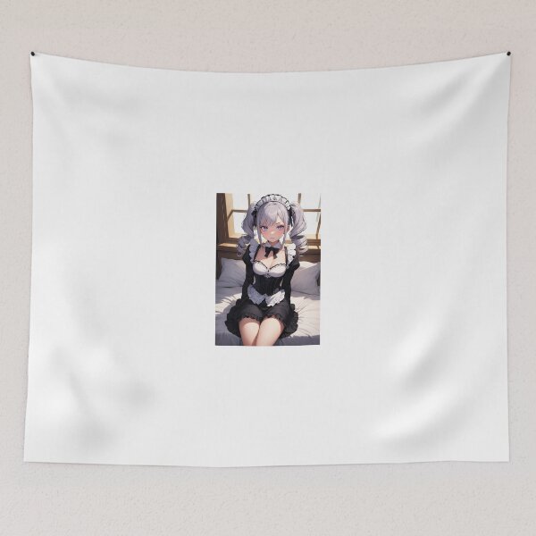 Item preview, Sweet Anime Maid Girl Sitting on Bed | Silver Hair Twintails Waifu designed and sold by iloveanimechibi.